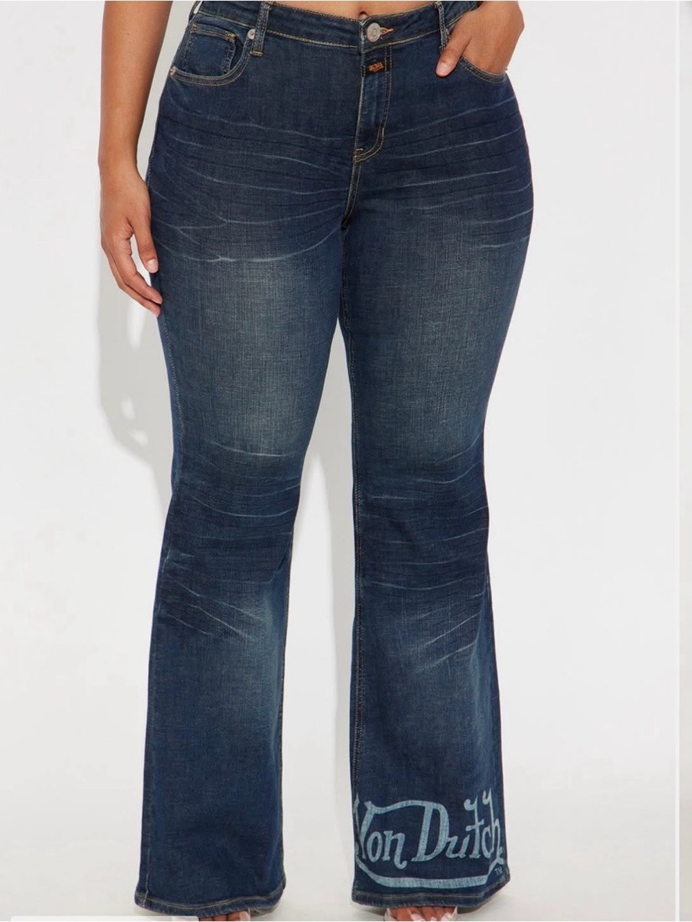 Von Dutch Dark Blue Flare Jeans with Logo Hem